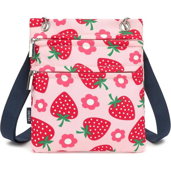 Women's Crossbody Purse Strawberry Print Zipper Pocket Adjustable Strap - Picture 1 of 9